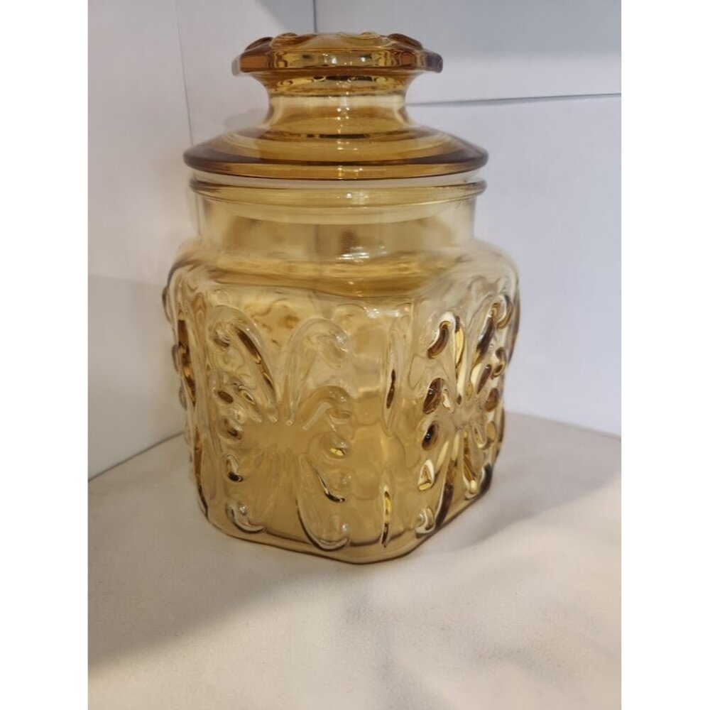 Vintage Le Smith Amber Gold Imperial Glass with Lid Atterburg Scroll Canister Ja